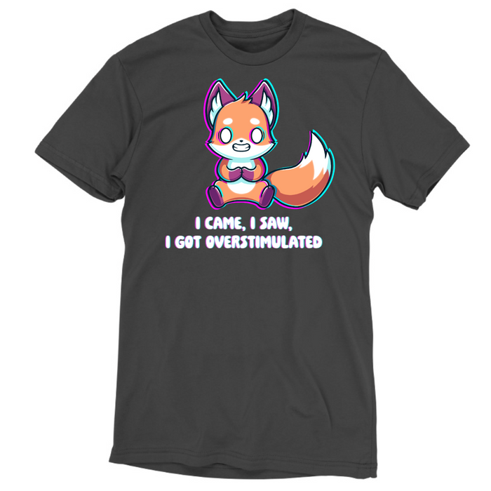Premium Cotton T-shirt_TeeTurtle charcoal I Came I Saw I Got Overstimulated Premium Cotton T-shirt featuring a fox vibrating with streaks of color around him. He is grimacing and his eyes are totally white. The text below reads "I Came, I Saw, I Got Overstimulated"