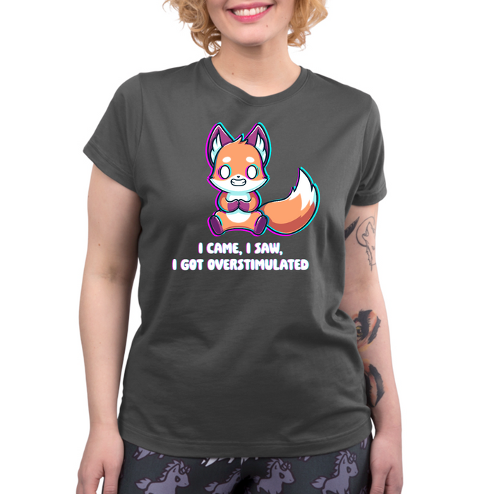 Premium Cotton T-shirt_TeeTurtle charcoal I Came I Saw I Got Overstimulated Premium Cotton T-shirt featuring a fox vibrating with streaks of color around him. He is grimacing and his eyes are totally white. The text below reads "I Came, I Saw, I Got Overstimulated"