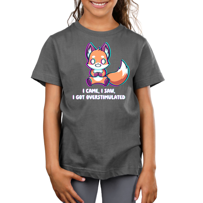 Premium Cotton T-shirt_TeeTurtle charcoal I Came I Saw I Got Overstimulated Premium Cotton T-shirt featuring a fox vibrating with streaks of color around him. He is grimacing and his eyes are totally white. The text below reads "I Came, I Saw, I Got Overstimulated"