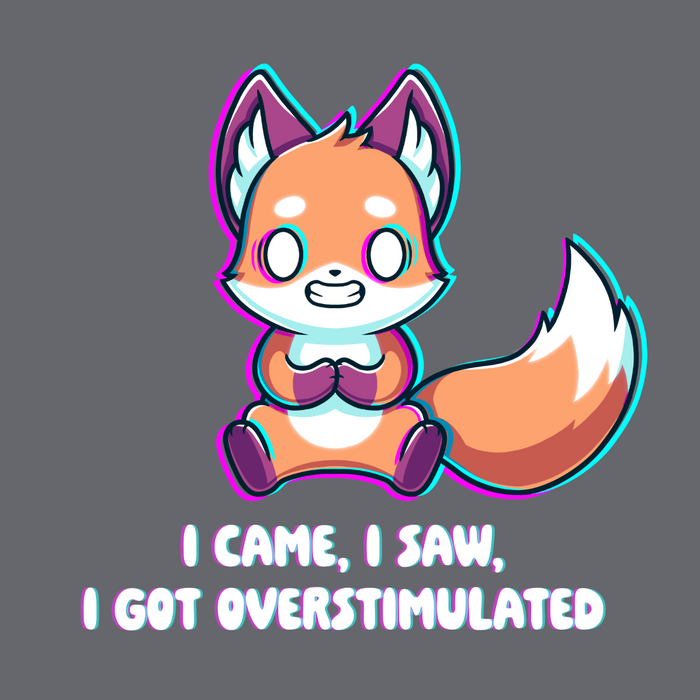 Classic Cotton T-shirt_TeeTurtle charcoal I Came I Saw I Got Overstimulated Classic Cotton T-shirt featuring a fox vibrating with streaks of color around him. He is grimacing and his eyes are totally white. The text below reads "I Came, I Saw, I Got Overstimulated"