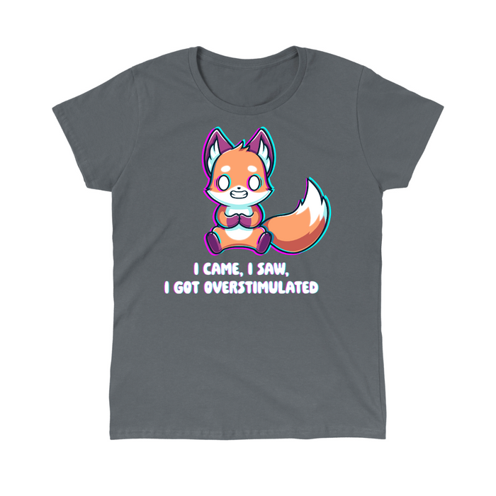 Classic Cotton T-shirt_TeeTurtle charcoal I Came I Saw I Got Overstimulated Classic Cotton T-shirt featuring a fox vibrating with streaks of color around him. He is grimacing and his eyes are totally white. The text below reads "I Came, I Saw, I Got Overstimulated"