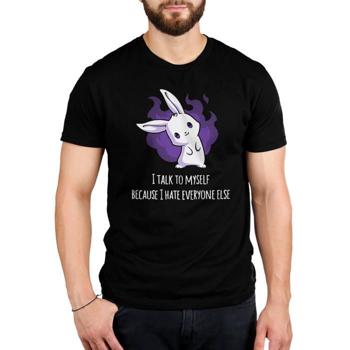 Premium Cotton T-shirt_Teeturtle I Hate Everyone black t-shirt featuring a white bunny with a mischievous expression standing in front of a purple flame. Text below reads, "I talk to myself because I hate everyone else."