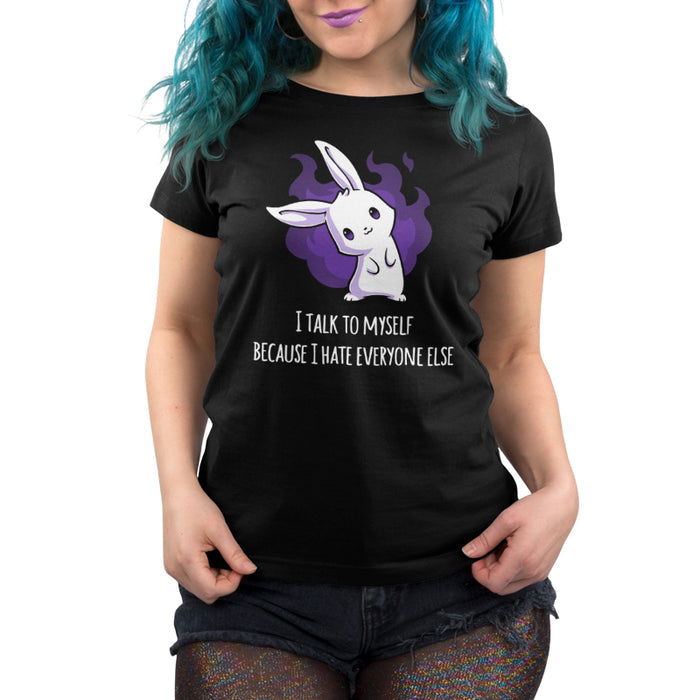 Premium Cotton T-shirt_Teeturtle I Hate Everyone black t-shirt featuring a white bunny with a mischievous expression standing in front of a purple flame. Text below reads, "I talk to myself because I hate everyone else."