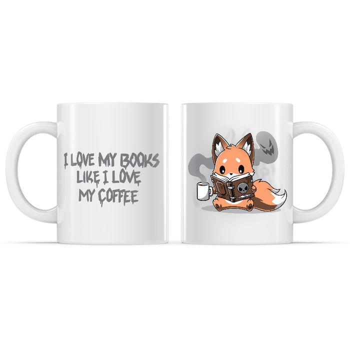 Ceramic Mug_TeeTurtle I Love My Books Like I Love My Coffee white mug featuring a fox holding a cup of coffee while reading a book with a skull on it.