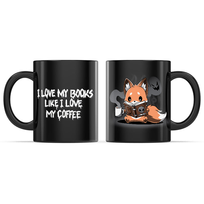 Ceramic Mug_TeeTurtle I Love My Books Like I Love My Coffee black mug featuring a fox holding a cup of coffee while reading a book with a skull on it.