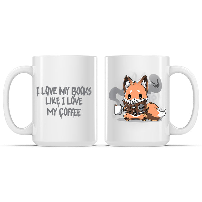Ceramic Mug_TeeTurtle I Love My Books Like I Love My Coffee white mug featuring a fox holding a cup of coffee while reading a book with a skull on it.