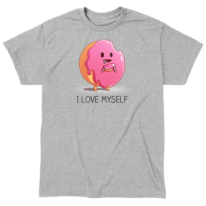 Classic Cotton T-shirt_Teeturtle I Love Myself Sport Grey Featuring a cute cartoon frosted pink donut holding a piece of itself its been eating with 'I Love Myself' written underneath.