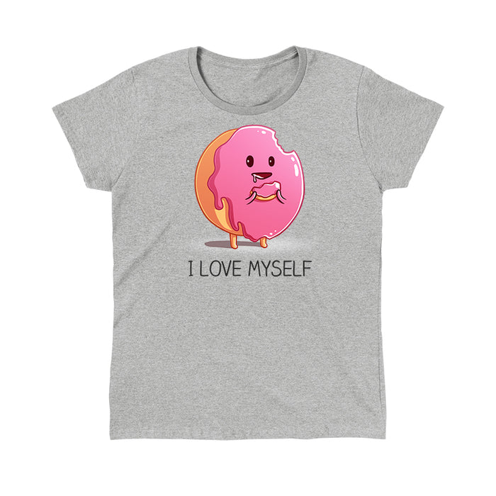 Classic Cotton T-shirt_Teeturtle I Love Myself Sport Grey Featuring a cute cartoon frosted pink donut holding a piece of itself its been eating with 'I Love Myself' written underneath.