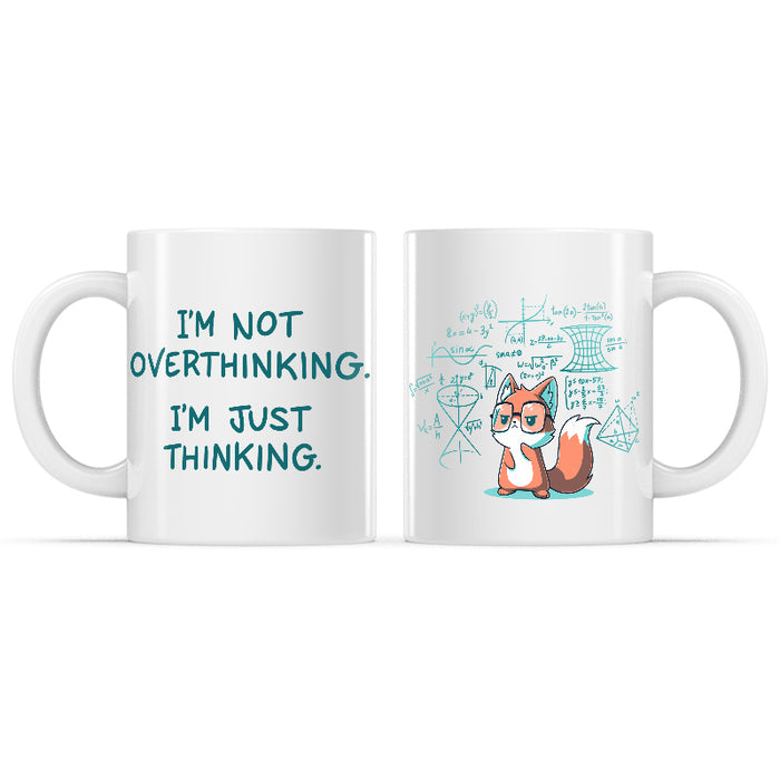 Ceramic Mug_TeeTurtle I'm Just Thinking white mug featuring a thinking fox wearing glasses surrounded by mathematical equations.