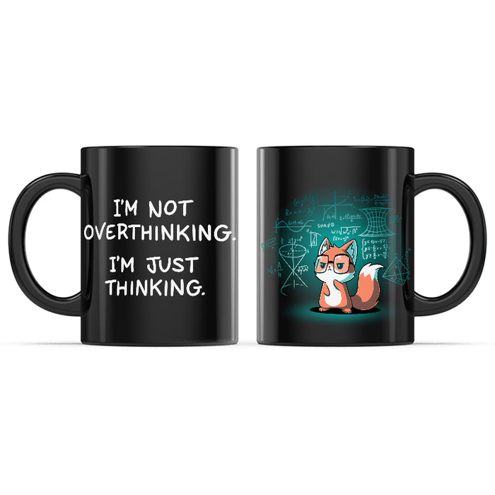 Ceramic Mug_TeeTurtle I'm Just Thinking black mug featuring a thinking fox wearing glasses surrounded by mathematical equations.
