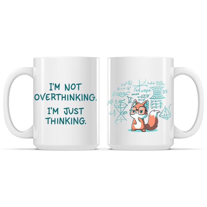 Ceramic Mug_TeeTurtle I'm Just Thinking white mug featuring a thinking fox wearing glasses surrounded by mathematical equations.