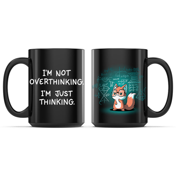 Ceramic Mug_TeeTurtle I'm Just Thinking black mug featuring a thinking fox wearing glasses surrounded by mathematical equations.