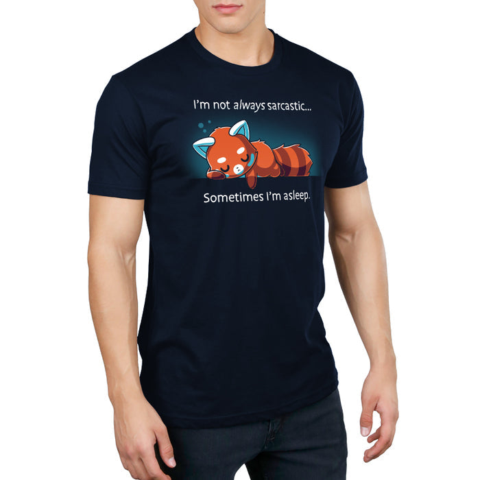 Premium Cotton T-shirt_TeeTurtle navy blue I'm Not Always Sarcastic featuring a tired red panda sleeping.