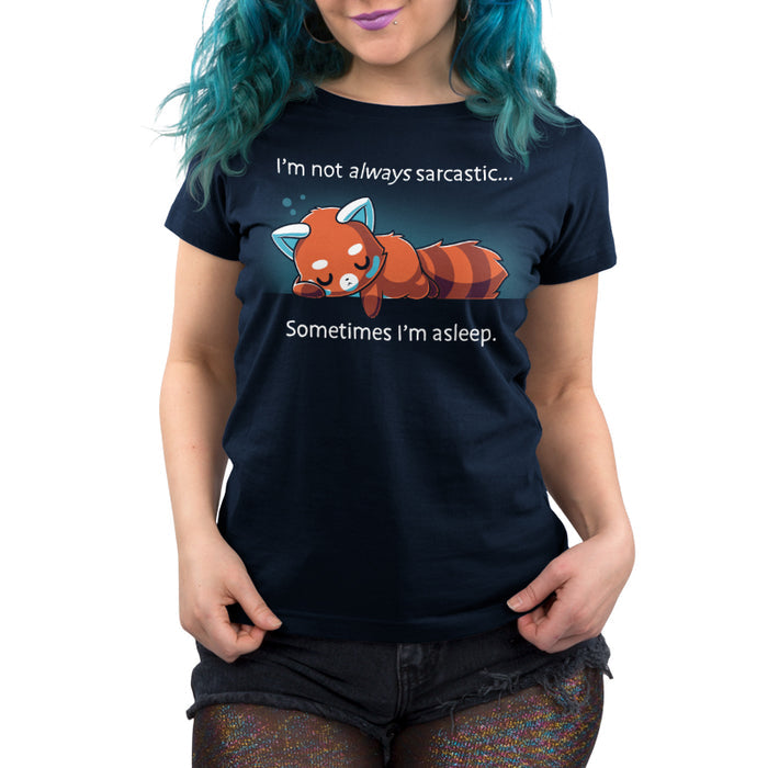 Premium Cotton T-shirt_TeeTurtle navy blue I'm Not Always Sarcastic featuring a tired red panda sleeping.