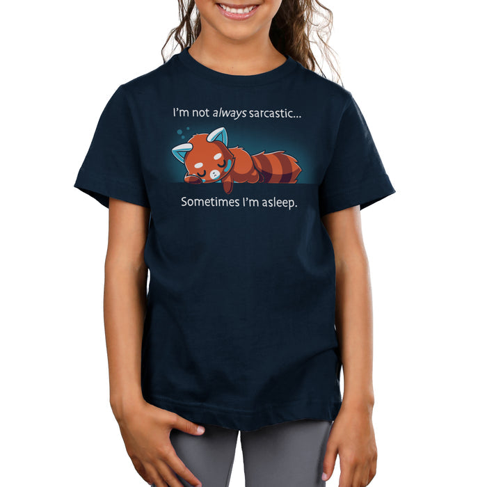 Premium Cotton T-shirt_TeeTurtle navy blue I'm Not Always Sarcastic featuring a tired red panda sleeping.