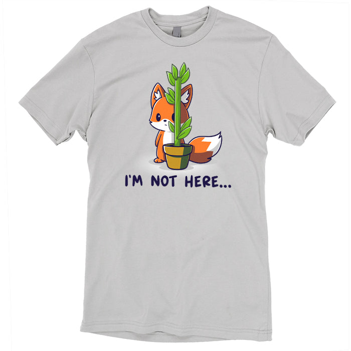 Premium Cotton T-shirt_TeeTurtle silver gray I'm Not Here featuring an anxious fox awkwardly trying to hide behind a thin potted plant with the words "I'm Not Here..." below.
