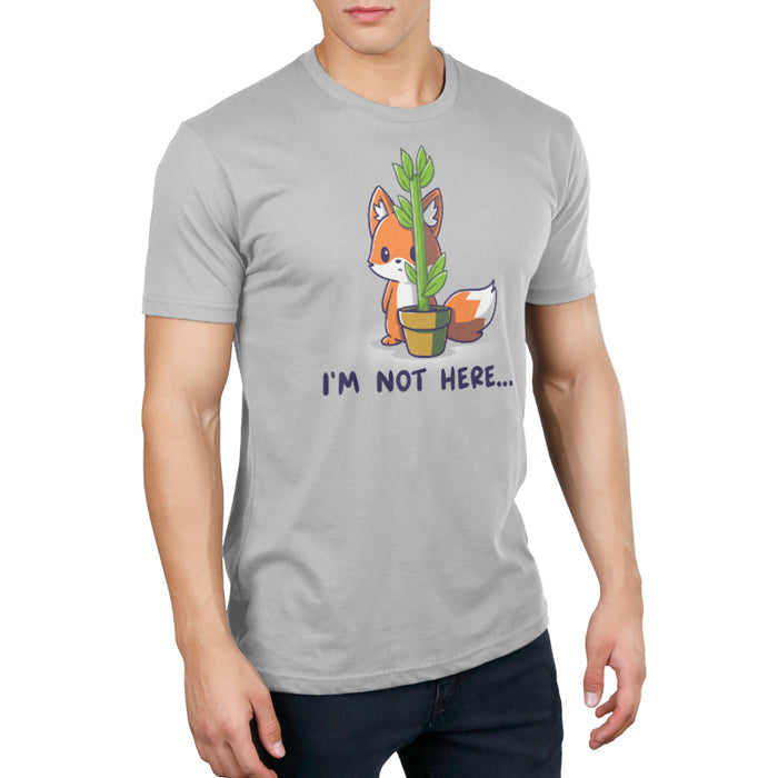 Premium Cotton T-shirt_TeeTurtle silver gray I'm Not Here featuring an anxious fox awkwardly trying to hide behind a thin potted plant with the words "I'm Not Here..." below.