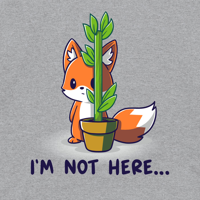 Classic Cotton T-shirt_TeeTurtle heather gray I'm Not Here featuring an anxious fox awkwardly trying to hide behind a thin potted plant with the words "I'm Not Here..." below.