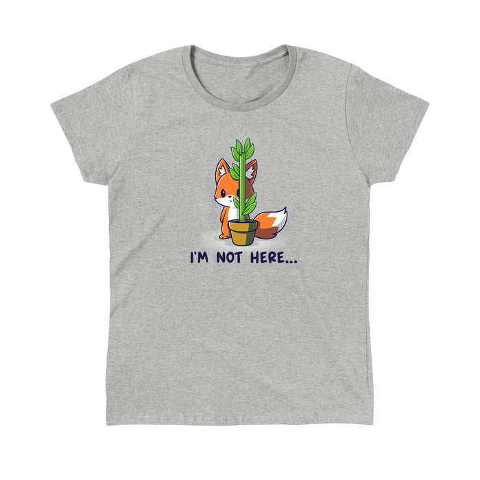 Classic Cotton T-shirt_TeeTurtle heather gray I'm Not Here featuring an anxious fox awkwardly trying to hide behind a thin potted plant with the words "I'm Not Here..." below.