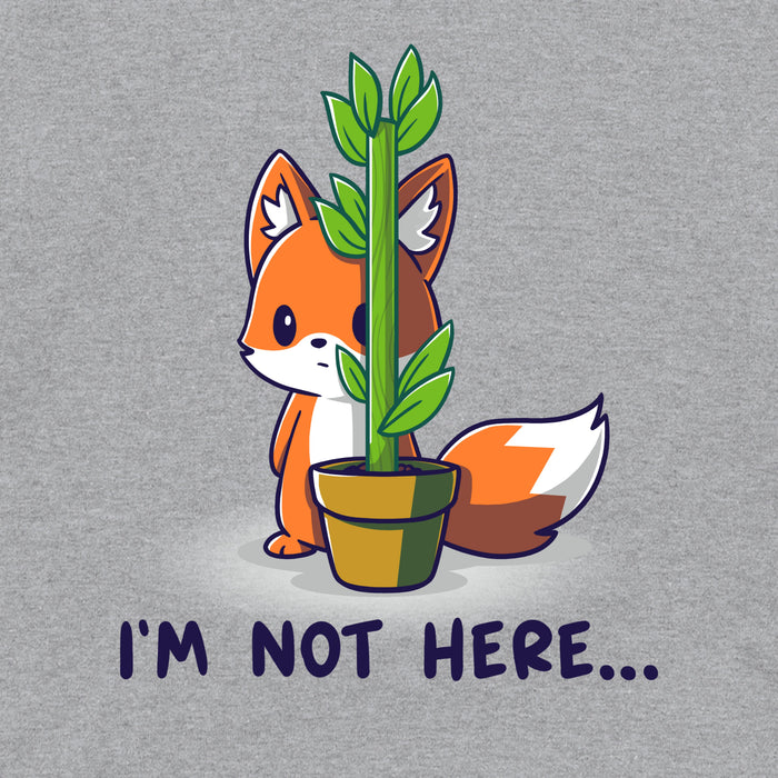 Long Sleeve T-shirt_TeeTurtle heather gray I'm Not Here featuring an anxious fox awkwardly trying to hide behind a thin potted plant with the words "I'm Not Here..." below.