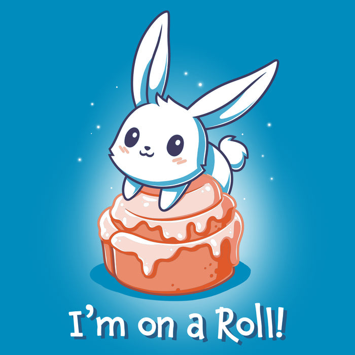 Premium Cotton T-shirt_TeeTurtle cobalt blue I'm On A Cinnamon Roll apparel featuring a cute cartoon bunny sitting on top of a glazed cinnamon roll with the text "I'm On a Roll!" written below.