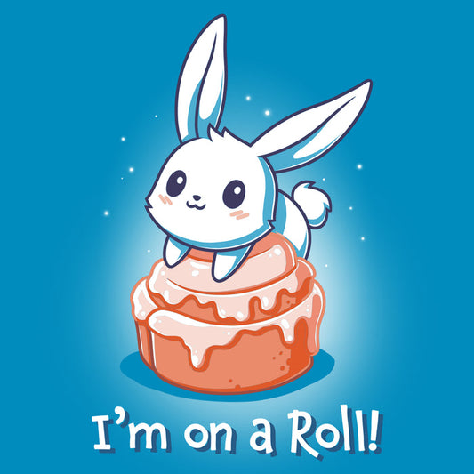 Premium Cotton T-shirt_TeeTurtle cobalt blue I'm On A Cinnamon Roll apparel featuring a cute cartoon bunny sitting on top of a glazed cinnamon roll with the text "I'm On a Roll!" written below.