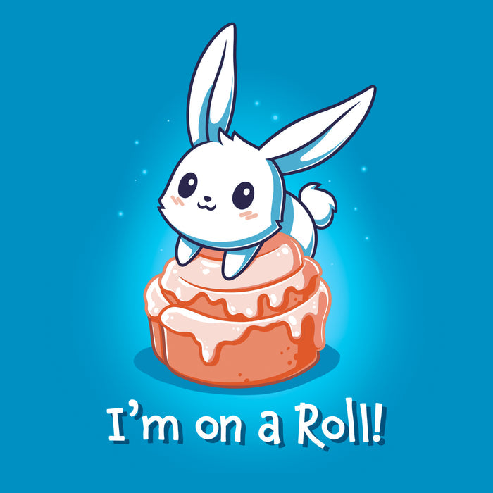 Classic Cotton T-shirt_TeeTurtle sapphire blue I'm On A Cinnamon Roll apparel featuring a cute cartoon bunny sitting on top of a glazed cinnamon roll with the text "I'm On a Roll!" written below.