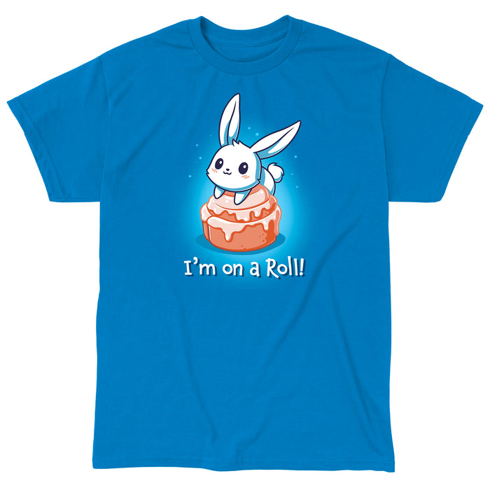 Classic Cotton T-shirt_TeeTurtle sapphire blue I'm On A Cinnamon Roll apparel featuring a cute cartoon bunny sitting on top of a glazed cinnamon roll with the text "I'm On a Roll!" written below.