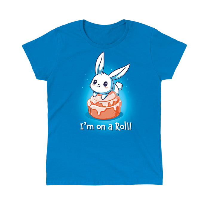 Classic Cotton T-shirt_TeeTurtle sapphire blue I'm On A Cinnamon Roll apparel featuring a cute cartoon bunny sitting on top of a glazed cinnamon roll with the text "I'm On a Roll!" written below.