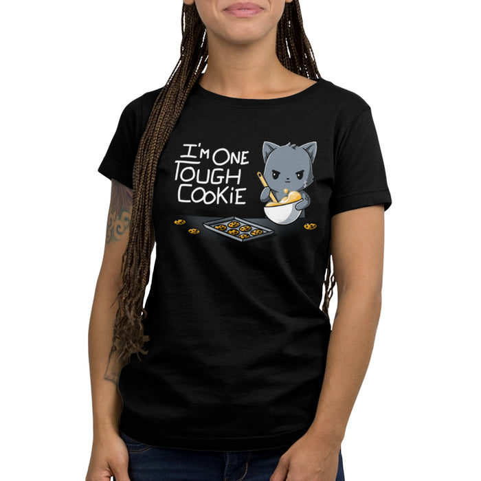Premium Cotton T-shirt_TeeTurtle I'm One Tough Cookie black t-shirt featuring a tough cat baking cookies.