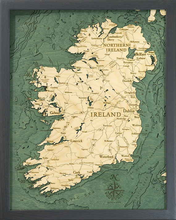 3 dimensional Ireland bathymetric depth chart front view Shows ocean depths around the coast of Ireland.