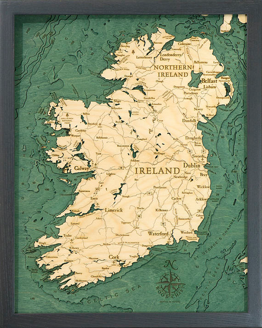 3 dimensional Ireland bathymetric depth chart front view Shows ocean depths around the coast of Ireland.