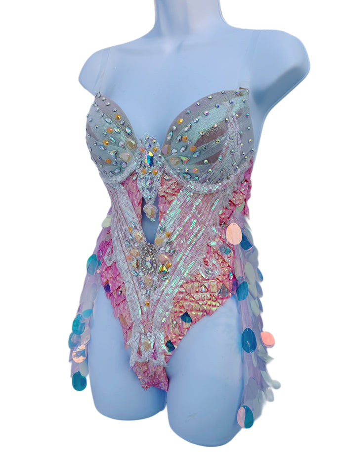 Iridescent Orange Dragon Scale Monokini Bodysuit Dress Dance Festival Cosplay Costume