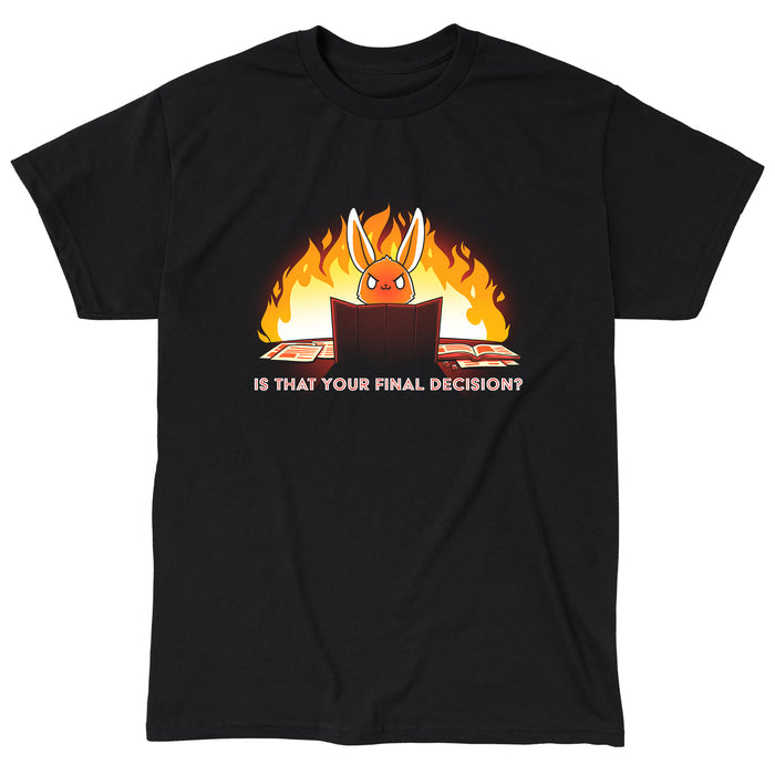 Classic Cotton T-shirt_TeeTurtle Is That Your Final Decision? black t-shirt featuring an extreme bunny tabletop gaming with fire behind them.