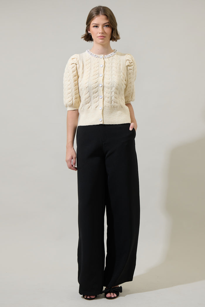 Jamari Bead Embellished Button Front Cropped Cardigan