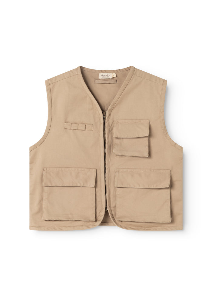 Orange children's vest with front zipper and multiple flap pockets, practical design