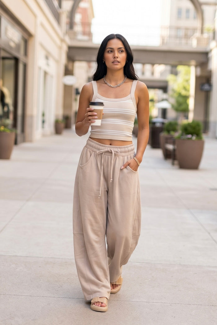 taupe wide leg lounge pants, lightweight drawstring pants with elastic waist, relaxed fit for casual summer outfits and travel style micro barrel pants