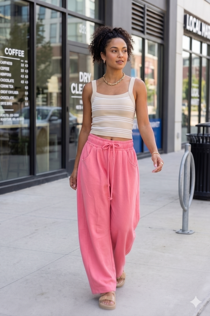 pink wide leg lounge pants, lightweight drawstring pants with elastic waist, relaxed fit for casual summer outfits and travel style micro barrel pants