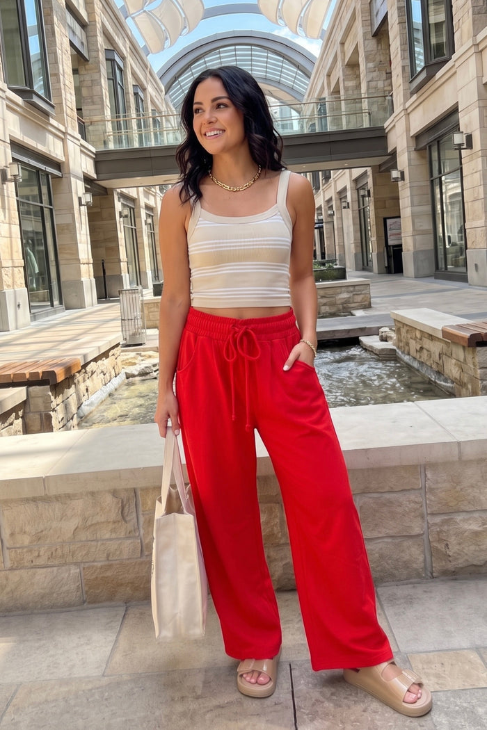 red wide leg lounge pants, lightweight drawstring pants with elastic waist, relaxed fit for casual summer outfits and travel style micro barrel pants