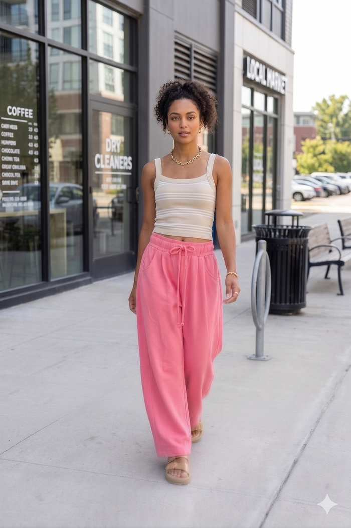 pink wide leg lounge pants, lightweight drawstring pants with elastic waist, relaxed fit for casual summer outfits and travel style  pants