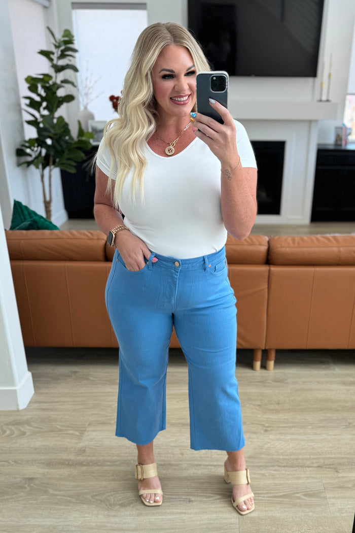 Judy Blue High Rise Tummy Control Wide Leg Crop Jeans in Sky Blue
