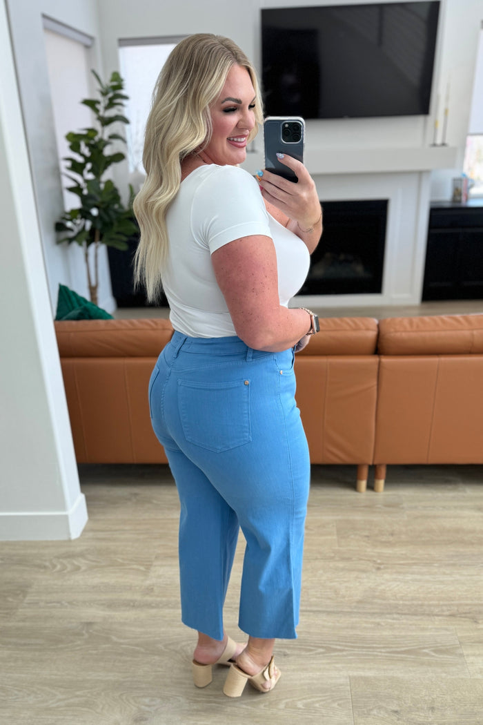 Judy Blue High Rise Tummy Control Wide Leg Crop Jeans in Sky Blue