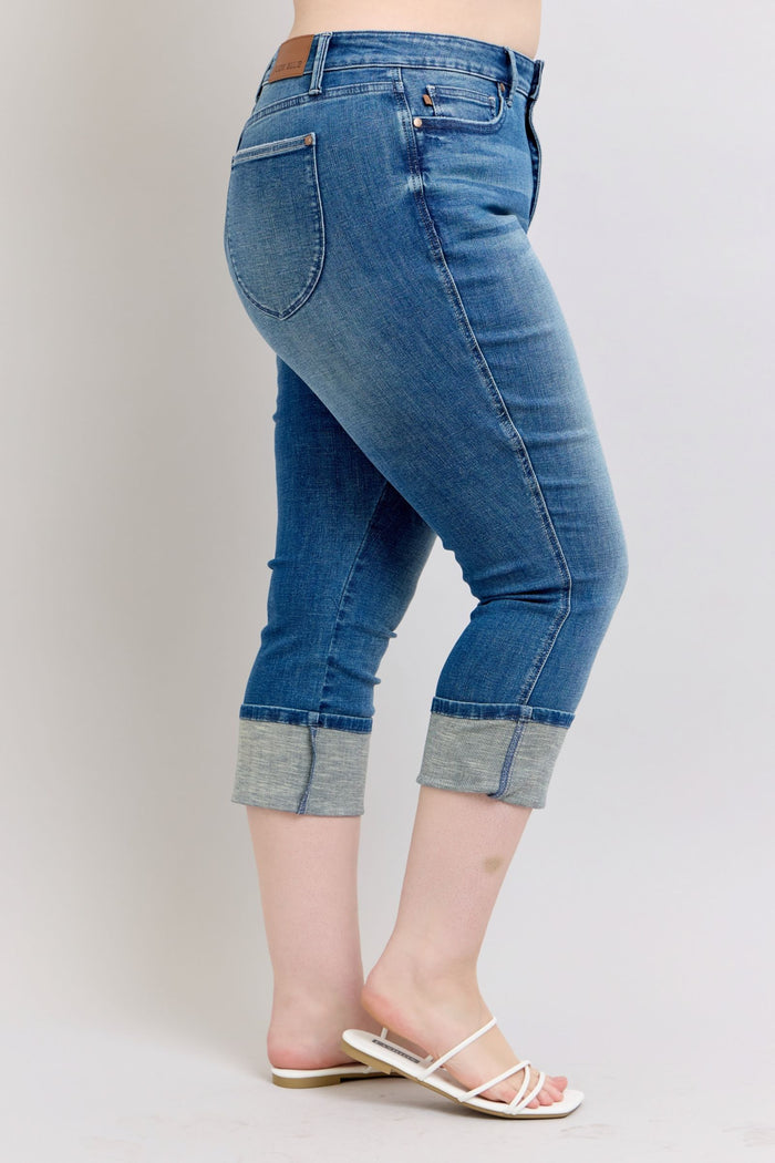 Judy Blue High Waist Tummy Control Shield Pocket Skinny Cuff Capris Jeans
