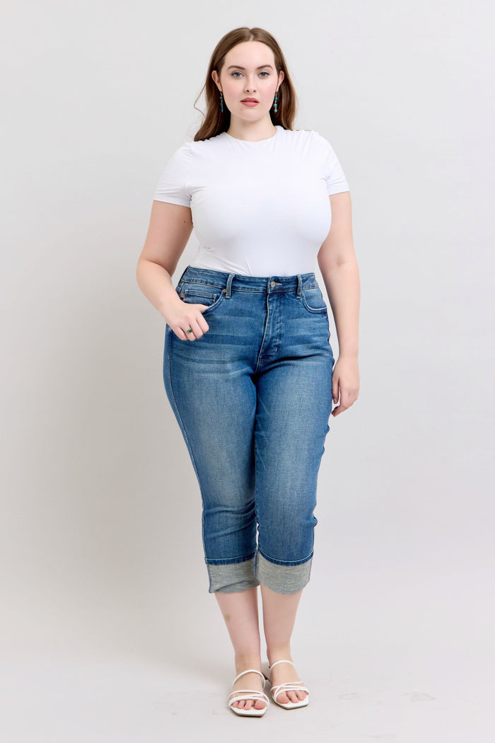 Judy Blue High Waist Tummy Control Shield Pocket Skinny Cuff Capris Jeans