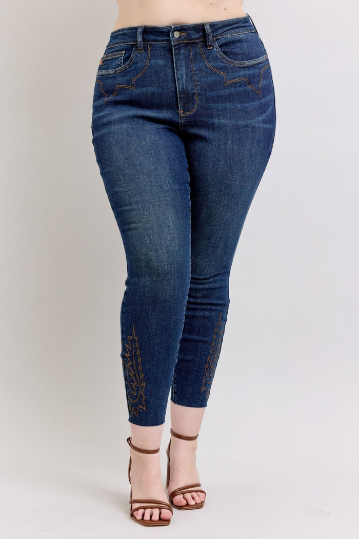 Judy Blue High Waist Western Embroidered Skinny Raw Hem Tall Jeans