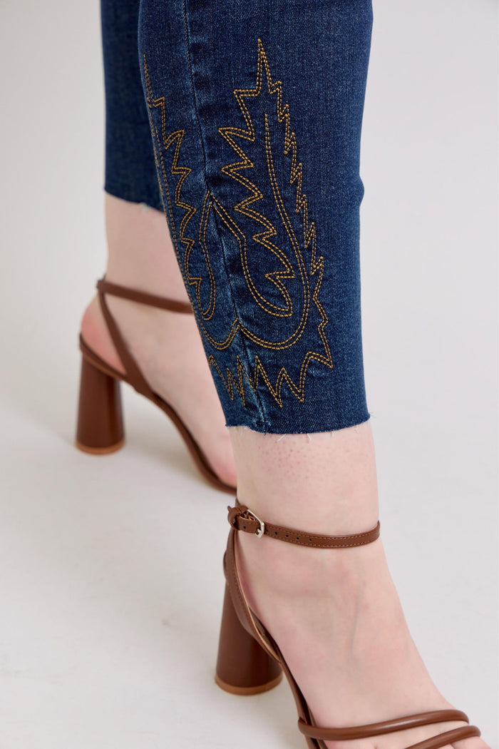 Judy Blue High Waist Western Embroidered Skinny Raw Hem Tall Jeans
