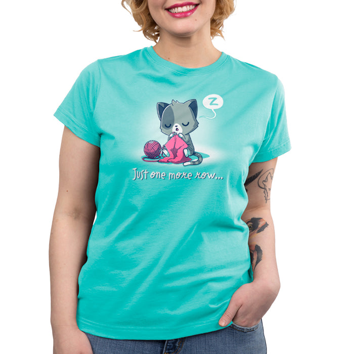 Premium Cotton T-shirt_TeeTurtle Just One More Row Caribbean blue t-shirt featuring a sleepy gray cat knitting/crafting with pink yarn.