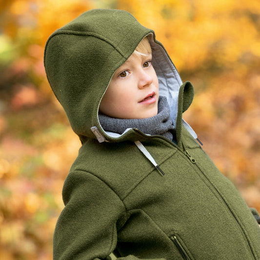 Kids Boiled Merino Wool Outdoor Jacket - Olive