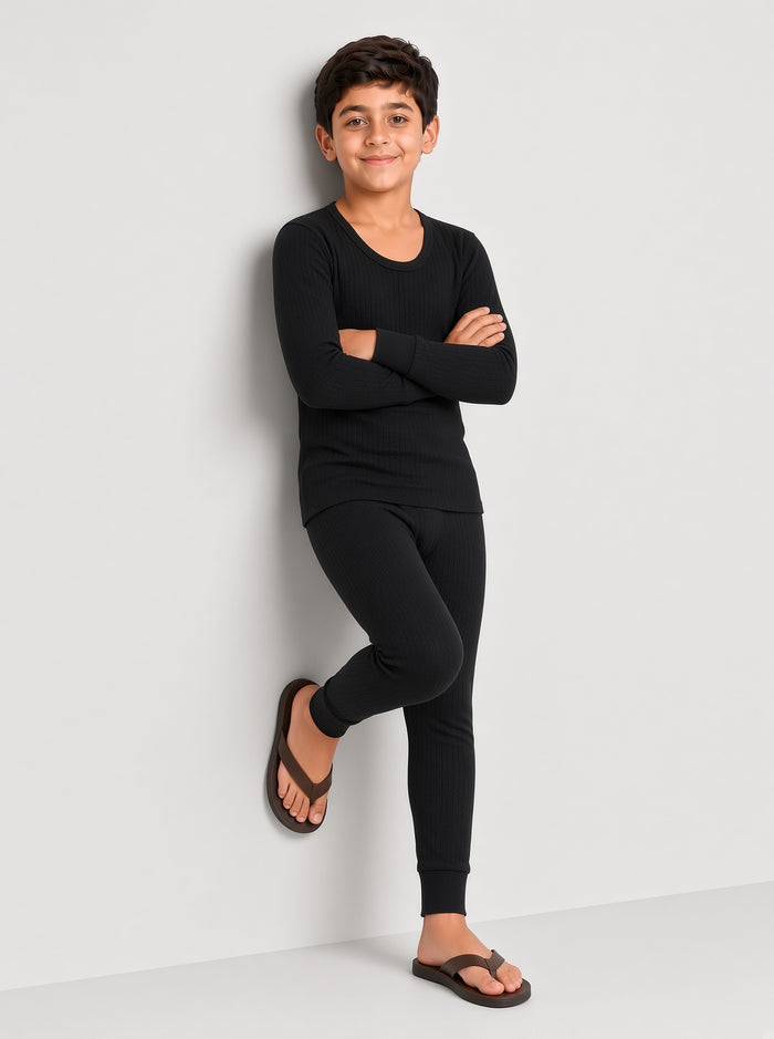 Kids Premium Black Poly Wool Inner Thermal Shirt & Trouser Set (8/1) - Hinz Clothing