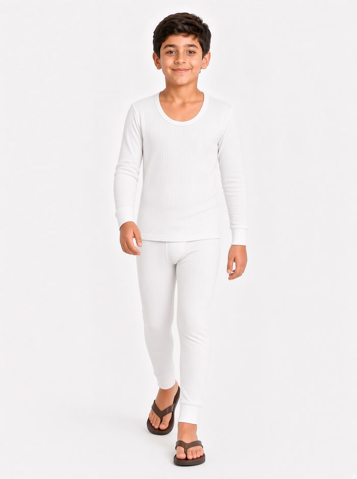 Kids Premium White Poly Wool Inner Thermal Shirt & Trouser Set